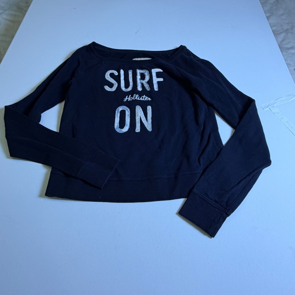 Hollister Womens XS Navy Blue Surf On Graphic Cropped Sweatshirt Long Sleeve